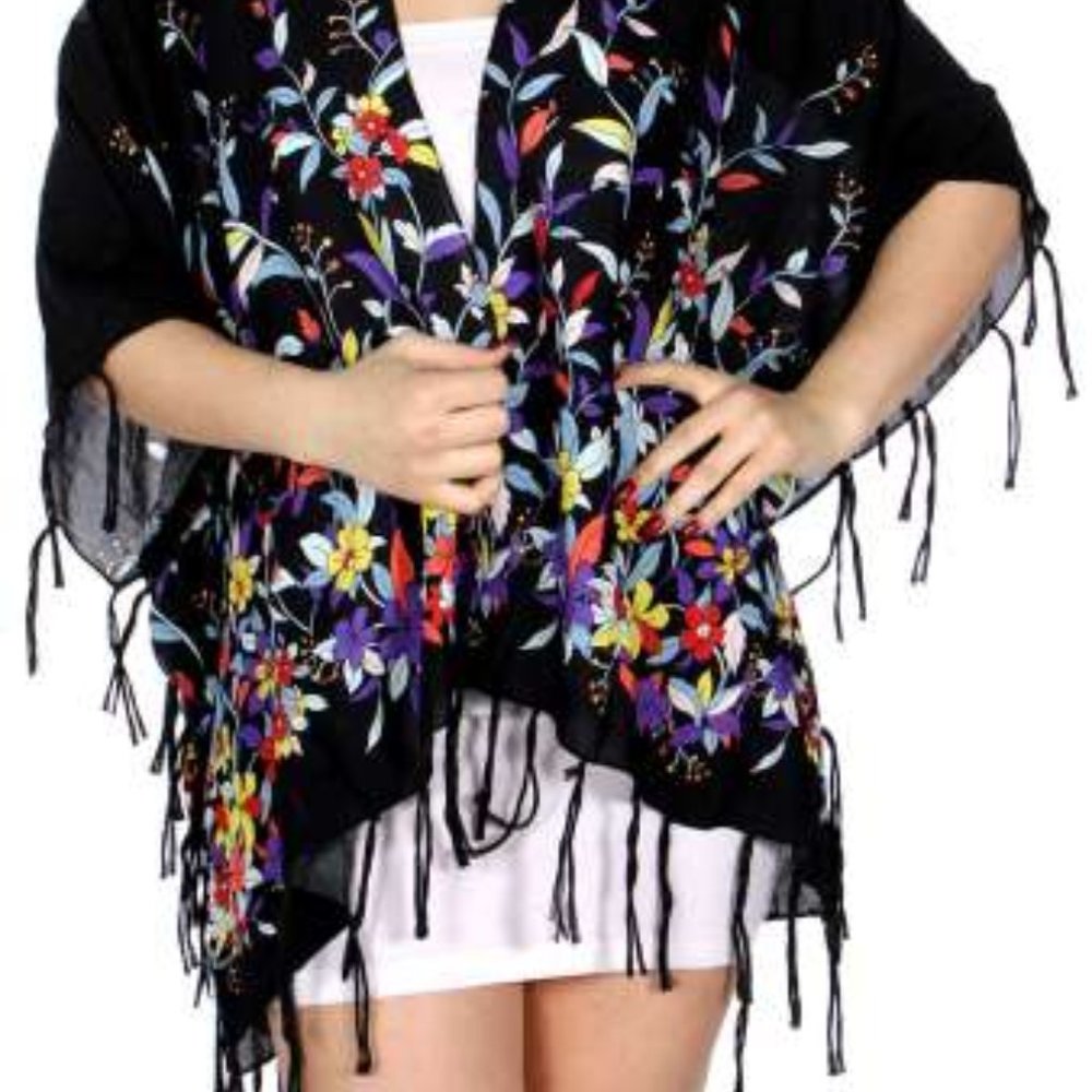 Black Fringed Floral Kimono